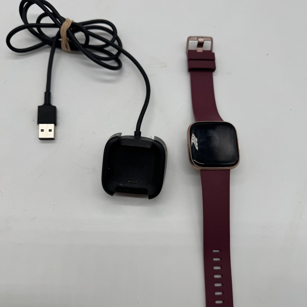 Fitbit Versa 2 FB507 Smartwatch Copper Rose Aluminum Bordeaux Band Charger